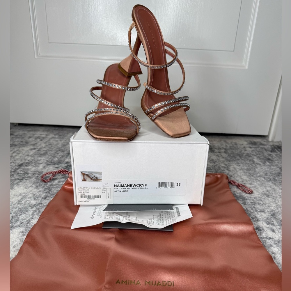 Amina Muaddi Nude Satin Heels with Crystal Straps